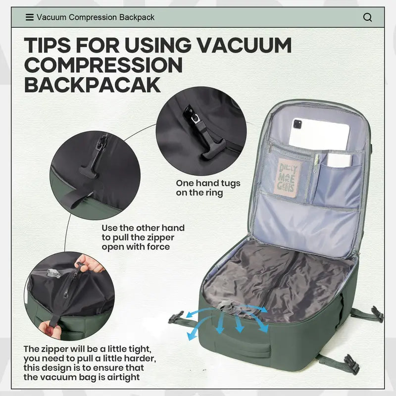 VACUUM COMPRESSION TRAVEL BACKPACK WITH BUILT-IN AIR PUMP