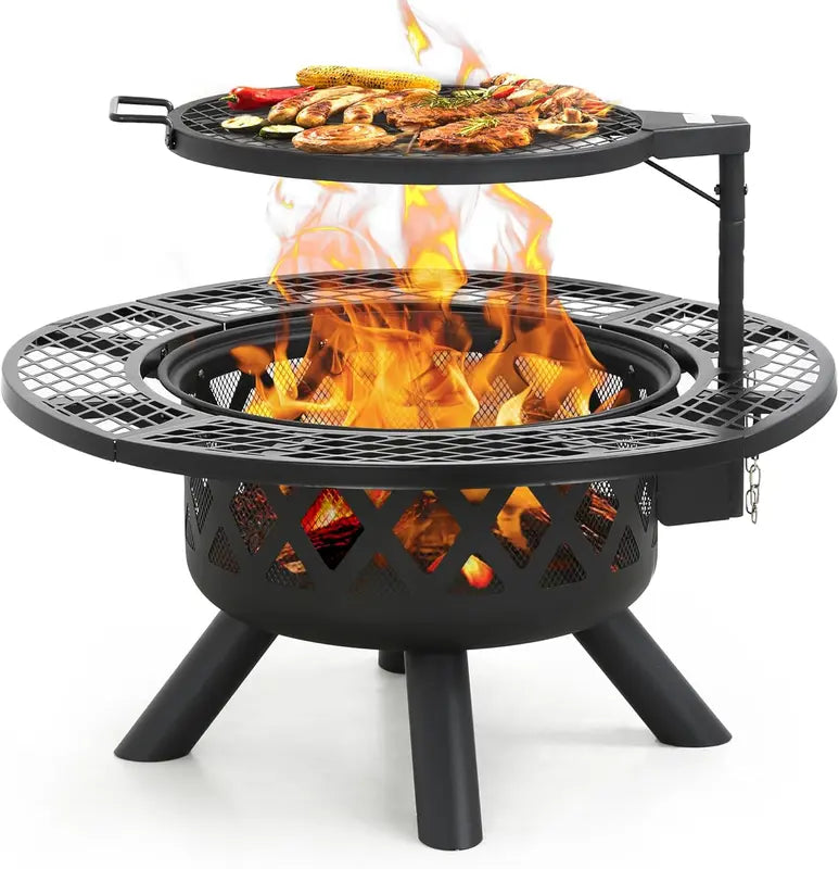 2-in-1 Wood Fire Pit with 360° Rotating Grill – Elevate Your Outdoor Gatherings