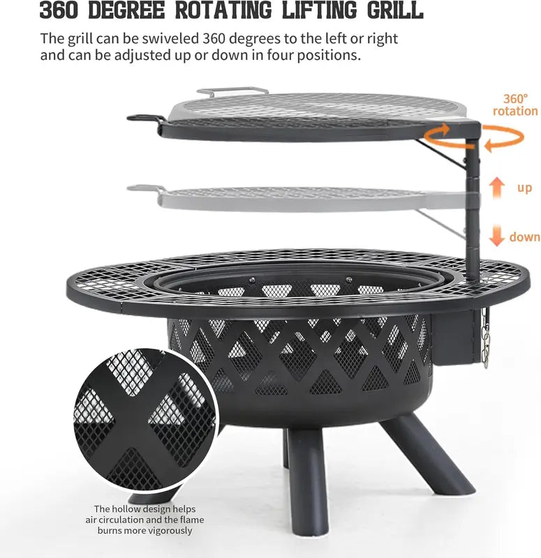 2-in-1 Wood Fire Pit with 360° Rotating Grill – Elevate Your Outdoor Gatherings