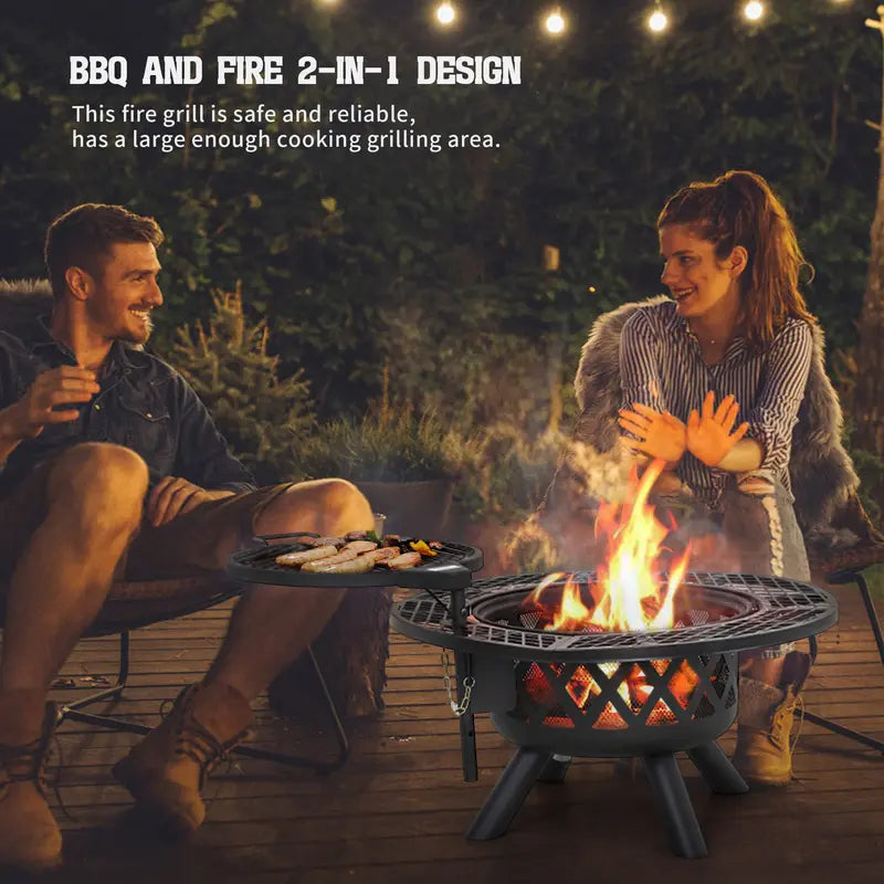 2-in-1 Wood Fire Pit with 360° Rotating Grill – Elevate Your Outdoor Gatherings