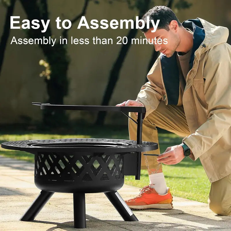2-in-1 Wood Fire Pit with 360° Rotating Grill – Elevate Your Outdoor Gatherings