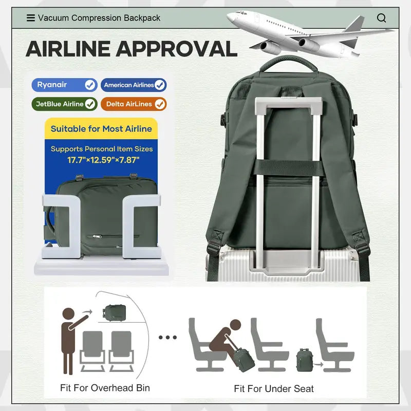 VACUUM COMPRESSION TRAVEL BACKPACK WITH BUILT-IN AIR PUMP