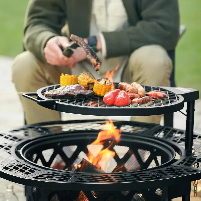 2-in-1 Wood Fire Pit with 360° Rotating Grill – Elevate Your Outdoor Gatherings