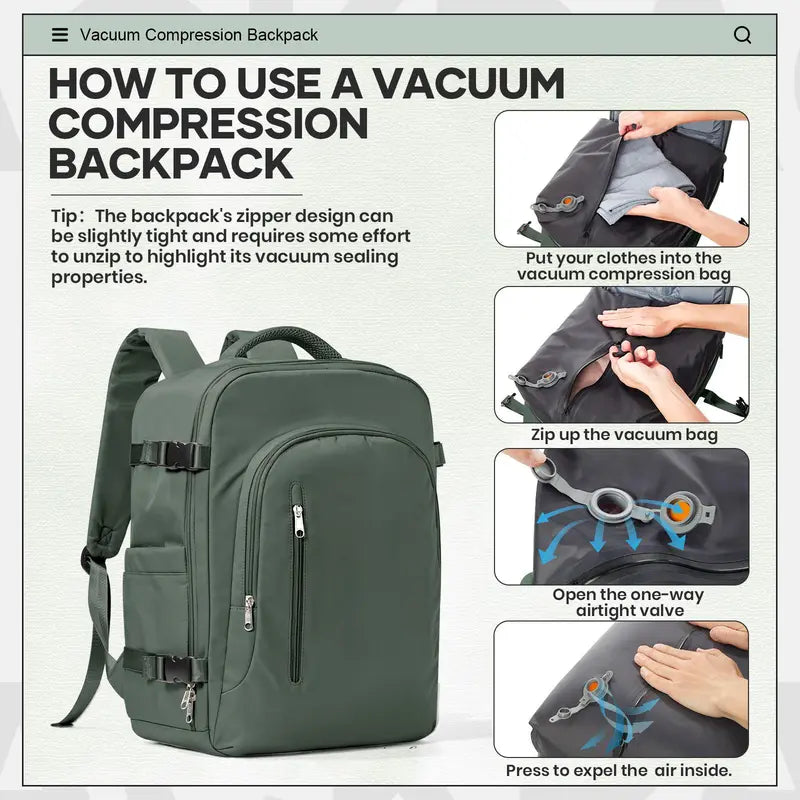 VACUUM COMPRESSION TRAVEL BACKPACK WITH BUILT-IN AIR PUMP