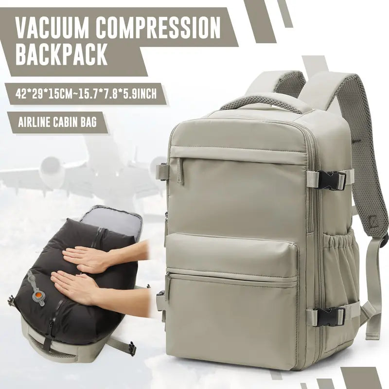 VACUUM COMPRESSION TRAVEL BACKPACK WITH BUILT-IN AIR PUMP