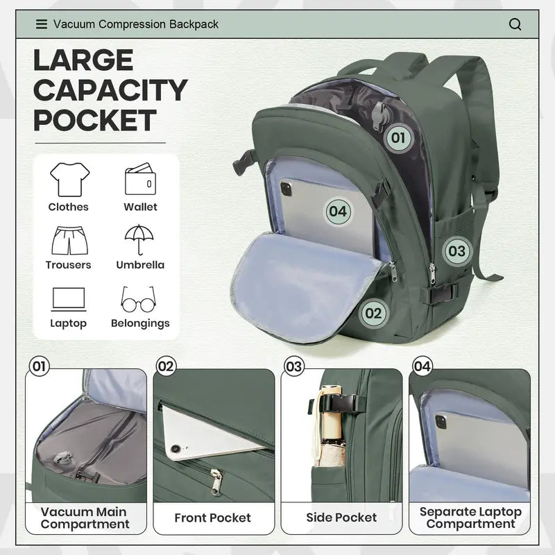 VACUUM COMPRESSION TRAVEL BACKPACK WITH BUILT-IN AIR PUMP