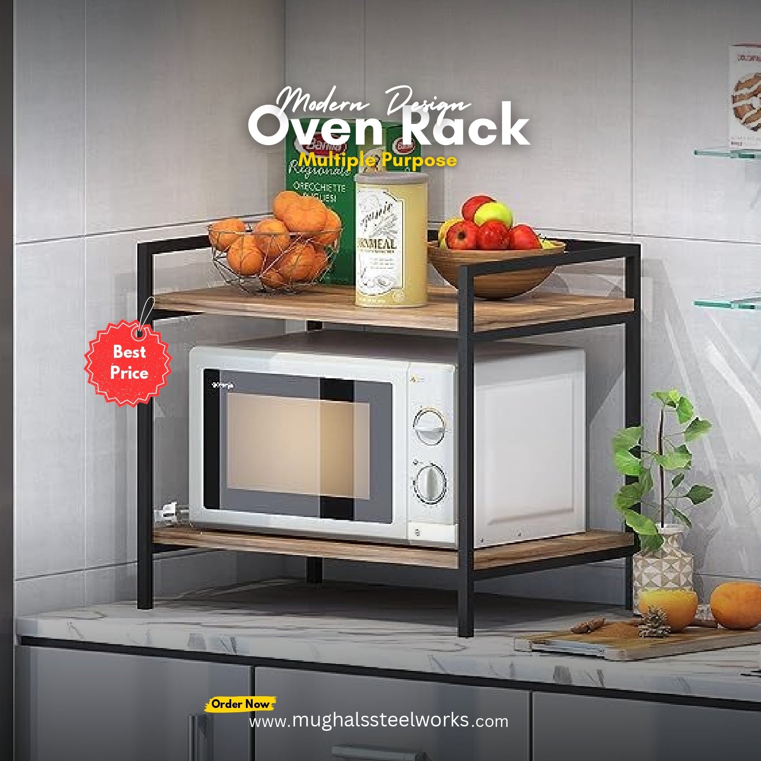 2-Tier Microwave Oven Rack with Wood Shelves & Metal Frame – Kitchen Organizer Stand