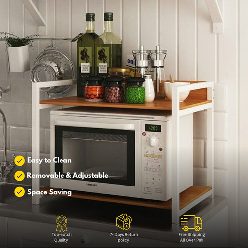 2-Tier Microwave Oven Rack with Wood Shelves & Metal Frame – Kitchen Organizer Stand